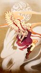  1girl angel_wings boots bowtie breasts brown_background brown_boots brown_jacket cheong_ha covering_mouth dress feathered_wings floating hips kishin_sagume knee_boots long_hair long_sleeves looking_afar open_hand profile purple_dress red_eyes short_dress short_hair single_wing solo thighs touhou wind wings 