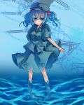  1girl absurdres backpack bag blue_hair blush boots hair_bobbles hair_ornament hat highres kawashiro_nitori key looking_at_viewer mare_(shiori_3021) pocket rubber_boots short_hair skirt skirt_set solo touhou transmission_tower twintails two_side_up wading water 