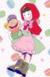  2boys :3 akiomi_aiko apron bow crossdressinging dayoon dress facial_hair futon grandmother_(little_red_riding_hood) hands_clasped hat heart heart_in_mouth hood little_red_riding_hood little_red_riding_hood_(grimm) macaron mob_cap multiple_boys mustache osomatsu-kun osomatsu-san polka_dot polka_dot_background red_hood smile star todomatsu 