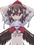  1girl bra breasts brown_hair cleavage hands_on_own_head hat hikawa_shou looking_at_viewer navel pointy_ears pom_pom_(clothes) red_eyes shameimaru_aya shirt_lift shirt_pull smile touhou underwear wings 