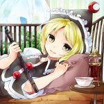  1girl album_cover blonde_hair blue_sky cover cup curtains flute hat instrument looking_at_viewer lunasa_prismriver lying makuwauri on_back pillow shirt skirt sky smile solo table teacup teapot touhou window yellow_eyes 
