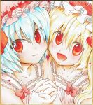  2girls :d artist_request blonde_hair blue_hair blush bow fang_out fangs flandre_scarlet frills hands_clasped hat mob_cap multiple_girls open_mouth pastel_(medium) red_eyes remilia_scarlet short_hair siblings side_ponytail sisters smile touhou traditional_media watercolor_pencil_(medium) 