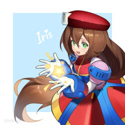  1girl absurdres beret blue_background blue_dress border brown_hair buzzsaw_(6631455) character_name cowboy_shot dress green_eyes hat highres iris_(mega_man) long_hair mega_man_(series) mega_man_x_(series) red_dress red_hat simple_background solo star_(symbol) white_border 