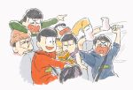  6+boys black_hair bowl_cut brothers car car_interior chips choromatsu driving heart heart_in_mouth hoodie ichimatsu jyushimatsu karamatsu messy_hair motor_vehicle multiple_boys nnbn osomatsu-kun osomatsu-san osomatsu_(osomatsu-kun) pointing seatbelt sextuplets shouting siblings sleeves_past_wrists socks todomatsu vehicle 