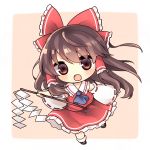  1girl bow brown_hair chibi detached_sleeves dress end_tieno gohei hair_bow hair_tubes hakurei_reimu japanese_clothes long_hair miko open_mouth solo touhou 