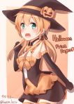  1girl :d absurdres alternate_costume anchor_hair_ornament blonde_hair hair_ornament halloween halloween_costume hat heart highres kantai_collection kapatarou open_mouth prinz_eugen_(kantai_collection) smile solo twintails witch_hat 