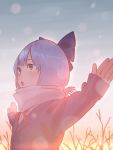  1girl alternate_costume amino_(tn7135) backlighting bare_tree blue_eyes blue_hair blue_sky bow cirno coat hair_bow looking_afar open_mouth outdoors outstretched_arms ribbon scarf short_hair sky snow snowing solo sunset touhou tree upper_body 