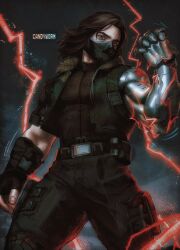  1boy arm_up artist_name belt belt_buckle belt_pouch black_belt black_gloves black_pants black_shirt blue_eyes brown_hair buckle candywormm captain_america:_the_winter_soldier captain_america_(series) clenched_hand collared_vest commentary covered_mouth electricity feet_out_of_frame fingerless_gloves gloves green_vest hashtag-only_commentary highres james_buchanan_barnes looking_at_viewer male_focus marvel marvel_cinematic_universe marvel_rivals mask medium_hair open_clothes open_vest pants pouch prosthesis prosthetic_arm shirt shirt_tucked_in single_glove standing thigh_pouch vest winter_soldier 