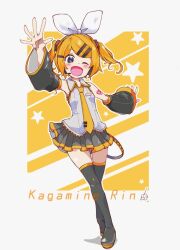  1girl blonde_hair blue_eyes blush boots bow_hairband character_name collared_shirt commentary_request cosplay detached_sleeves fang full_body hair_ornament hairband hatsune_miku hatsune_miku_(cosplay) headphones headset kagamine_rin long_sleeves looking_at_viewer nail_polish necktie one_eye_closed open_mouth pleated_skirt shirt skirt sleeveless sleeveless_shirt smile solo star_(symbol) thigh_boots tie_clip twintails vocaloid vorusan_(volver39) 