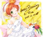  1girl ;d artist_name bare_shoulders character_name choker collarbone dated dress flower gloves green_eyes hair_flower hair_ornament hairband happy happy_birthday hoshizora_rin looking_at_viewer love_live!_school_idol_project mocha_(naturefour) one_eye_closed open_mouth orange_hair see-through short_hair signature smile strapless_dress upper_body veil white_dress white_gloves yellow_background 