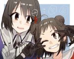  2girls ^_^ antenna_hair blush brown_eyes brown_hair closed_eyes commentary_request double_bun haguro_(kantai_collection) hair_ornament hairclip kantai_collection mido006 multiple_girls naka_(kantai_collection) one_eye_closed open_mouth smile v 