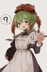  1girl ? apron commentary_request green_eyes green_hair grey_background hair_ribbon highres kagiyama_hina kyuukei_usagi long_sleeves looking_at_viewer maid puffy_long_sleeves puffy_sleeves red_ribbon ribbon simple_background solo touhou white_apron 