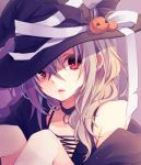  1girl halloween hat highres kuroi_(liar-player) long_hair original red_eyes silver_hair solo witch_hat 