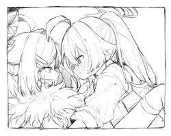  2girls ahoge blue_archive blush bulletproof_vest closed_mouth demon_girl demon_horns fur_trim furrowed_brow girl_on_top greyscale hair_between_eyes hair_ornament hairclip hina_(blue_archive) horns hoshino_(armed)_(blue_archive) hoshino_(blue_archive) long_hair looking_at_another monochrome multiple_girls on_floor oshio_(baniniwana) ponytail shirt sidelocks sketch sweatdrop white_shirt 