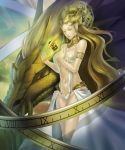  1girl armlet blonde_hair breasts double_bun dragon gold highres lips long_hair magic_circle mechanical_halo navel original pointy_ears revealing_clothes rocky_young very_long_hair 
