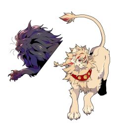  angry black_fur collar ddwiyong fate/strange_fake fate_(series) highres lion_paw multicolored_hair red_collar red_eyes richard_i_(fate) richard_i_(third_ascension)_(fate) smug tail yellow_eyes yellow_fur 