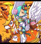  1boy blue_hair blush boots candy chibi feathered_wings fire_emblem fire_emblem_if gloves hair_over_one_eye halloween koruri456 moon pegasus pegasus_knight pumpkin shigure_(fire_emblem_if) solo wings yellow_eyes 