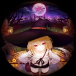  1girl bare_tree bat blonde_hair blush breasts cat_hair_ornament collarbone fence from_above full_moon hair_ornament halloween hands_on_hips hat holding jack-o&#039;-lantern long_hair looking_at_viewer low_twintails moon original pumpkin red_eyes red_moon scythe shirt short_shorts shorts solo standing striped striped_legwear suzu_(kopumpukin_55) thigh-highs tree twintails witch_hat 