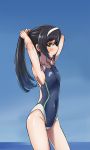  1girl adjusting_hair arms_up black_hair blush breasts brown_eyes competition_swimsuit girls_und_panzer hairband highres long_hair looking_at_viewer mouth_hold one-piece_swimsuit one_eye_closed reizei_mako rubberband smile solo solokov_(okb-999) swimsuit 