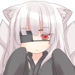  1girl animal_ears chibi end_tieno eyepatch fox_ears fox_girl fox_tail long_hair looking_at_viewer multiple_tails no_nose red_eyes solo tail 