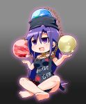  1girl bare_shoulders barefoot chain clothes_writing collar commentary_request earth_(ornament) goshiki_agiri gradient gradient_background hat hecatia_lapislazuli hecatia_lapislazuli_(cosplay) highres indian_style jinnouchi_akira kill_me_baby long_hair moon_(ornament) open_mouth purple_hair shirt sitting skirt solo t-shirt touhou translation_request violet_eyes 