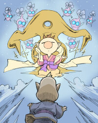  2boys big_nose blonde_hair blue_background blue_eyes blue_kimono blue_pants bow brown_hair brown_hakama closed_eyes closed_mouth colored_skin commentary_request duster expressionless floating floating_clothes flower flying from_behind full_body hagoromo hakama insect_wings japanese_clothes kimono long_sleeves louie_(pikmin) multiple_boys naru_(wish_field) night night_sky olimar pants pikmin_(creature) pikmin_(series) pink_skin plasm_wraith pointy_ears purple_bow purple_flower red_kimono shawl short_hair short_kimono sky slime_(creature) smoke solid_circle_eyes sparkle star_(sky) starry_sky tanabata very_short_hair waist_bow wide_sleeves winged_pikmin wings 