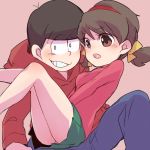  1boy 1girl alto168 black_hair blush bowl_cut brown_eyes brown_hair covering covering_crotch hairband hoodie osomatsu-kun osomatsu-san osomatsu_(osomatsu-kun) red_background short_twintails simple_background sitting skirt smile totoko_(osomatsu-kun) turtleneck twintails 