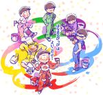  6+boys brothers brown_hair choromatsu clothes_around_waist from_above hands_on_hips ichimatsu jacket_around_waist jumpsuit jyushimatsu karamatsu male_focus multiple_boys osomatsu-kun osomatsu-san osomatsu_(osomatsu-kun) paint_can paint_splatter paintbrush pants pants_rolled_up sextuplets siblings smile todomatsu torn_clothes torn_sleeves 