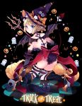  1girl animal_ears blonde_hair blue_eyes cat_ears demon_tail duji_amo elbow_gloves gloves halloween hat highres original short_hair solo striped striped_legwear tail thigh-highs wings witch_hat 