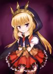  1girl blonde_hair bow cagliostro_(granblue_fantasy) cape crown gauntlets granblue_fantasy grin halloween halloween_costume hood looking_at_viewer marugoshi_(54burger) puffy_short_sleeves puffy_sleeves shirt short_sleeves skirt smile solo thigh-highs violet_eyes zettai_ryouiki 