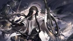  1girl arknights artist_request ascot belt belt_buckle black_ascot black_belt black_gloves black_hair black_halo black_shirt black_skirt blunt_bangs blunt_ends bow_(music) bright_pupils buckle buttons capelet check_artist collared_capelet cowboy_shot dress_shirt expressionless eyelashes floating_hair fringe_trim game_cg gloves gold_buckle grey_eyes halo highres hime_cut holding holding_bow_(music) holding_instrument holding_violin instrument long_hair looking_to_the_side miniskirt mole mole_under_eye musical_note official_art open_clothes open_vest outdoors parted_lips pleated_skirt rock_halo ryuuzaki_ichi shirt skirt solo staff_(music) standing storm straight_hair third-party_source very_long_hair vest violin virtuosa_(arknights) white_capelet white_pupils white_vest 