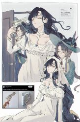  2girls absurdres artist_name black_hair clenched_teeth closed_eyes collared_shirt crooked_eyewear dress drying drying_hair eyewear_strap feathers floating_hair flower glasses green_feathers green_hat green_jacket hair_dryer hand_up hat hat_flower highres holding holding_hair_dryer holding_towel isolde_(reverse:1999) jacket kakania_(reverse:1999) long_hair long_sleeves looking_at_another low_ponytail multiple_girls multiple_views neck_ribbon open_door opening_door parted_lips picture_hat red_ribbon reverse:1999 ribbon round_eyewear scared screenshot_inset shirt teeth towel towel_on_head upper_body very_long_hair volcanoyyy watermark white_background white_dress white_shirt yellow_eyes yellow_flower 