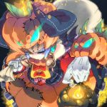  1girl blue_hair brown_eyes fire hat highres jack-o&#039;-lantern looking_at_viewer original sack solo t.a.k. 