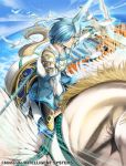  1boy bird blue_hair boots company_name feathered_wings feathers fire_emblem fire_emblem_cipher fire_emblem_if hair_over_one_eye pegasus pegasus_knight polearm shigure_(fire_emblem_if) sky solo spear water weapon wings yellow_eyes 
