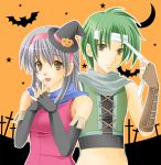  04063 1boy 1girl :d bandages bare_shoulders bat black_gloves blush brown_eyes dress elbow_gloves fingerless_gloves fire_emblem fire_emblem:_akatsuki_no_megami gloves green_hair hairband halloween hat interlocked_fingers long_hair micaiah midriff mini_hat moon open_mouth orange_background silver_hair simple_background sleeveless sleeveless_dress smile sothe star witch_hat yellow_eyes 