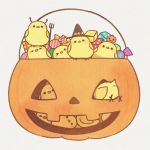  &gt;_&lt; anus ayu_(mog) bird black_eyes candy chick closed_eyes halloween hat jack-o&#039;-lantern looking_at_viewer lowres no_humans original simple_background too_many too_many_chicks witch_hat 