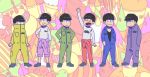  6+boys alternate_costume black_hair brothers choromatsu clothes_around_waist hand_on_hip hands_in_pockets hands_on_hips high_collar highres ichimatsu jacket_around_waist jumpsuit jyushimatsu karamatsu long_sleeves multicolored_background multiple_boys open_clothes osomatsu-kun osomatsu-san osomatsu_(osomatsu-kun) pants red_pants sextuplets siblings todomatsu waving 