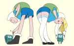  1boy 1girl adventure_time animal_hood ass backpack bag bear_hood bent_over blonde_hair bmo bunny_hood dual_persona finn fionna fist_bump from_behind hood mary_janes pink_background shoes shorts simple_background skirt smile solid_oval_eyes thigh-highs yutaka7 