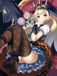  1girl blonde_hair blush cagliostro_(granblue_fantasy) crown granblue_fantasy hairband long_hair looking_at_viewer mu-nyako skirt solo thigh-highs violet_eyes 