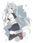  1girl animal_ears black_legwear cat_ears cat_tail from_side hatsune_miku kneeling long_hair looking_at_viewer one_eye_closed open_mouth paw_pose school_uniform skirt solo tail thigh-highs twintails very_long_hair vocaloid 