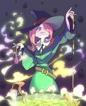  1girl :p belt cauldron cooking eyeshadow hair_over_one_eye hat highres little_witch_academia long_hair makeup nail_polish pink_eyes pink_hair pinky_out potion rtil skull solo sucy_manbabalan tongue tongue_out witch witch_hat 