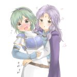  2girls armor belt blue_eyes blue_gloves blush breastplate cape cosplay costume_switch cottonbiiite793 elbow_gloves fingerless_gloves fire_emblem fire_emblem:_rekka_no_ken fire_emblem_heroes florina florina_(cosplay) gloves green_hair hairband highres long_hair long_sleeves multiple_girls nino_(fire_emblem) nino_(fire_emblem)_(cosplay) open_mouth purple_hair short_hair shoulder_armor simple_background white_background yuri 