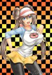  1girl artist_name blue_eyes breasts brown_hair checkered checkered_background collarbone double_bun gradient gradient_background hand_on_hip hand_on_own_chest large_breasts long_hair looking_at_viewer mei_(pokemon) open_mouth poke_ball_print pokemon pokemon_(game) pokemon_bw2 raglan_sleeves shorts smile standing takecha traditional_media twintails visor_cap 