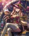  1girl alcohol armor bare_shoulders barrel belt black_skirt boots bottle bowl bracelet braid breasts brown_hair cleavage cleavage_cutout detached_sleeves earrings food fruit garter_straps glass grapes highres jewelry light_rays lips looking_at_viewer nail_polish orange_eyes original parted_lips sitting skirt solo star star_earrings thigh-highs thigh_boots ting_chan twin_braids warehouse wine zettai_ryouiki 