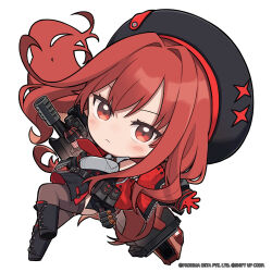  1girl belt beret black_belt black_footwear black_hat blush boots breasts chibi closed_mouth commentary english_commentary floating_hair full_body gloves goddess_of_victory:_nikke gun hat highres jacket light_frown long_hair long_sleeves medium_breasts necktie no_nose official_art open_clothes open_jacket outstretched_arm puffy_long_sleeves puffy_sleeves rapi_(nikke) rapi_(red_hood)_(nikke) red_eyes red_gloves red_necktie redhead solo thigh-highs totatokeke very_long_hair weapon zipper 