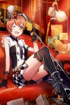  blush dress gloves green_eyes happy hat hoshizora_rin love_live!_school_idol_project micropbone necktie orange_hair short_hair sofa wink 