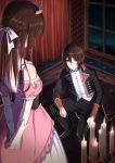  1boy 1girl arms_behind_back blush brown_hair candle curtains dress exit_tunes formal gloves highres kneeling long_hair night phantania seitou_no_marche short_hair suit tiara violet_eyes vocaloid 