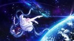  1girl absurdly_long_hair barefoot blue_hair closed_eyes floating hatsune_miku highres long_hair mokoppe planet skirt solo space twintails very_long_hair vocaloid 