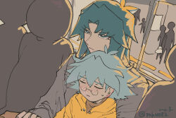  2boys blue_hair brothers closed_eyes embarrassed glasses green_hair grey_sweater hood hood_down hoodie long_hair male_focus marufuji_ryo marufuji_sho moiko multiple_boys siblings sitting sitting_on_lap sitting_on_person sweatdrop sweater train_interior twitter_username yellow_hoodie yu-gi-oh! yu-gi-oh!_gx 