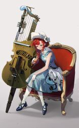  1girl absurdres armchair barcarola_(reverse:1999) bare_arms bare_shoulders bass_clef beamed_sixteenth_notes black_footwear blue_eyes blue_shirt blue_skirt bow_(music) braid braided_sidelock chair closed_mouth dixie_cup_hat eighth_note full_body gloves grey_background hat highres holding holding_bow_(music) instrument kuroja long_braid long_hair long_skirt looking_at_viewer military_hat musical_note musical_note_print on_chair pantyhose print_skirt redhead reverse:1999 sailor_collar shirt sitting skirt sleeveless sleeveless_shirt smile solo staff_(music) treble_clef twin_braids white_gloves white_hat white_pantyhose 